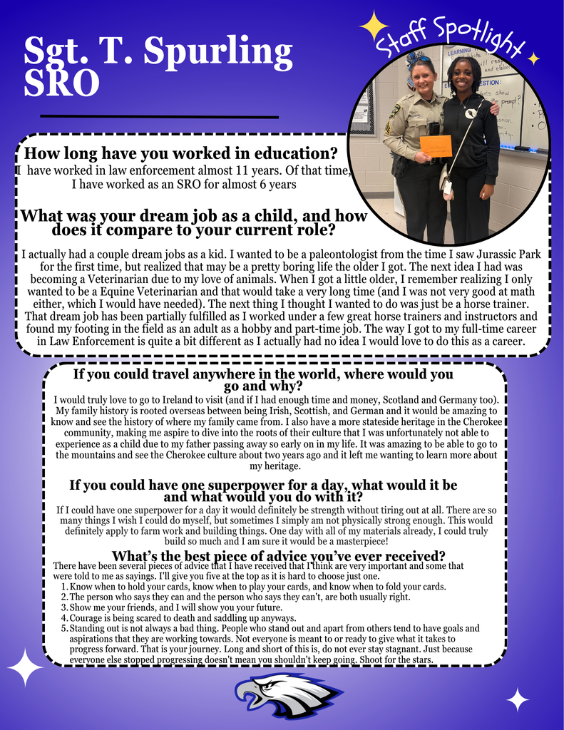 Staff Spotlight graphic featuring Sgt. T. Spurling, School Resource Officer. The design has a purple background with white text and decorative borders. A circular photo shows Sgt. Spurling in a tan law enforcement uniform standing beside a smiling staff member holding an orange card inside a classroom. The graphic includes interview-style questions and answers about years in law enforcement and education, childhood dream jobs, travel interests, a desired superpower, and best advice received. An eagle mascot logo appears at the bottom of the image.