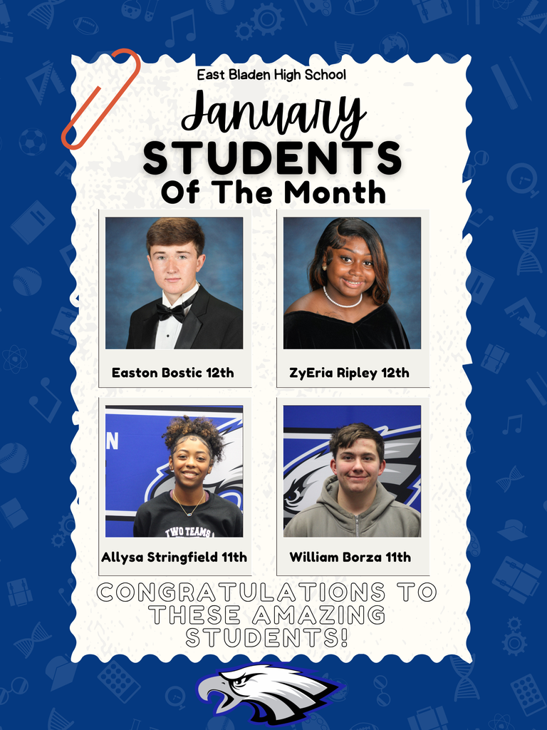 Graphic from East Bladen High School recognizing January Students of the Month, featuring photos of Easton Bostic (12th), ZyEria Ripley (12th), Allysa Stringfield (11th), and William Borza (11th), with a school eagle logo and congratulatory message.