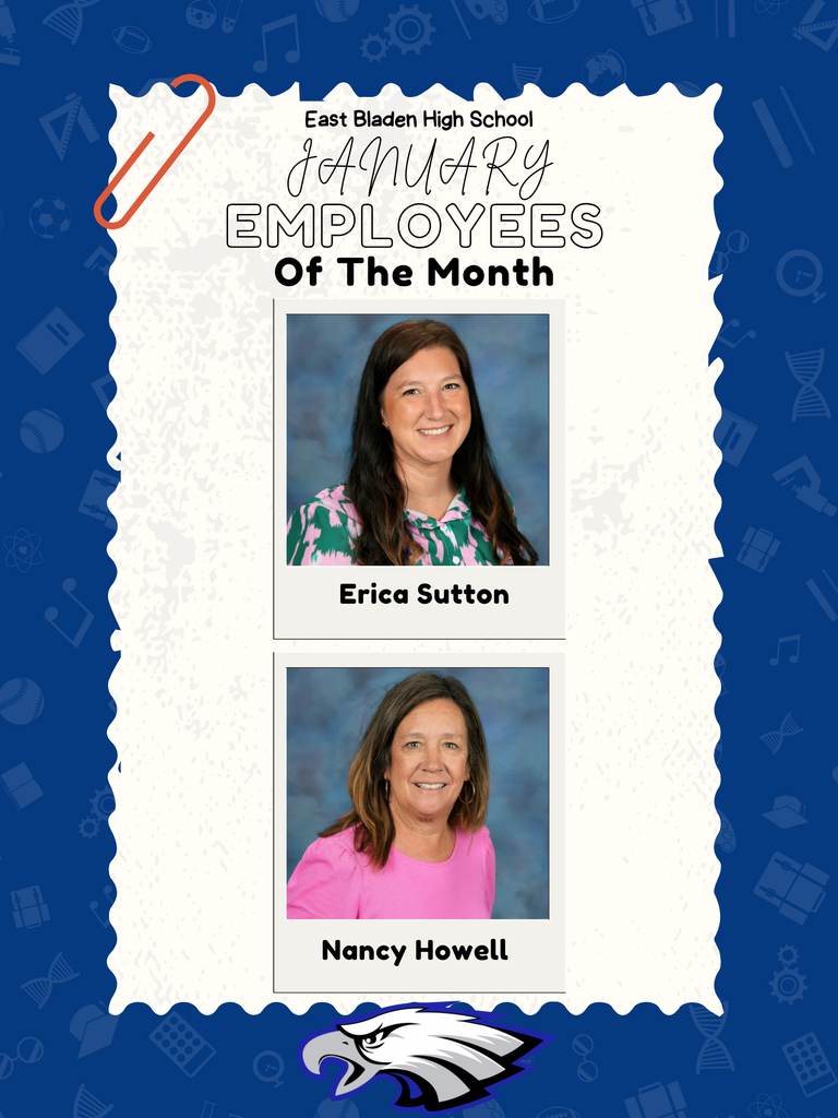 Graphic from East Bladen High School recognizing Janaury Employee of the Month, featuring photos of Erica Sutton and Nancy Howell with a school eagle logo and congratulatory message.