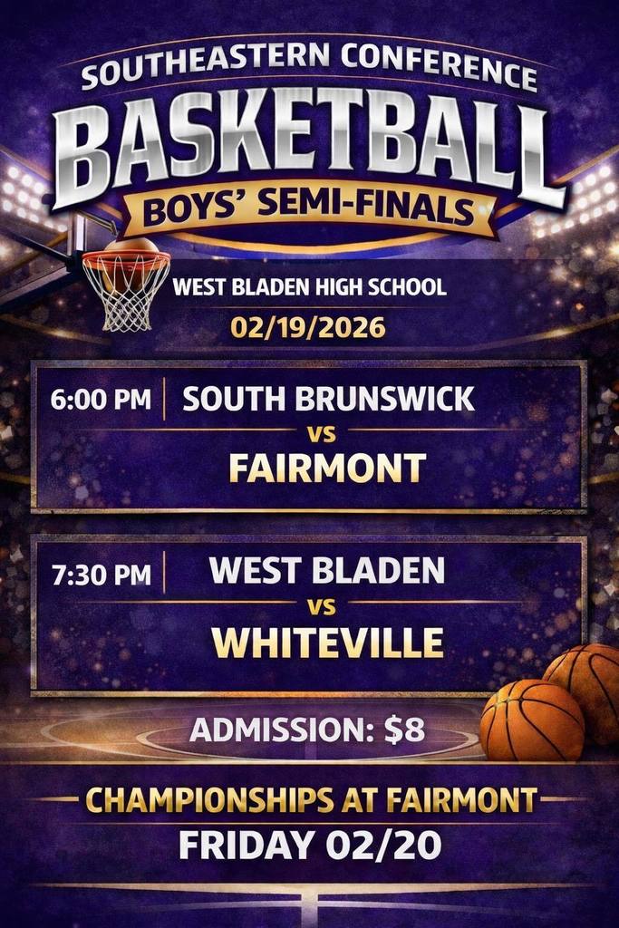 A basketball graphic for the Southeastern Conference Boys' Semi-Finals at West Bladen High School on 02/19/2026 at 6:00 PM.