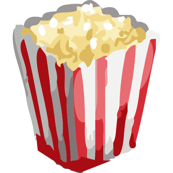 A colorful clipart illustration of a red-and-white striped popcorn container filled to the top with fluffy yellow popcorn, shown against a transparent background.
