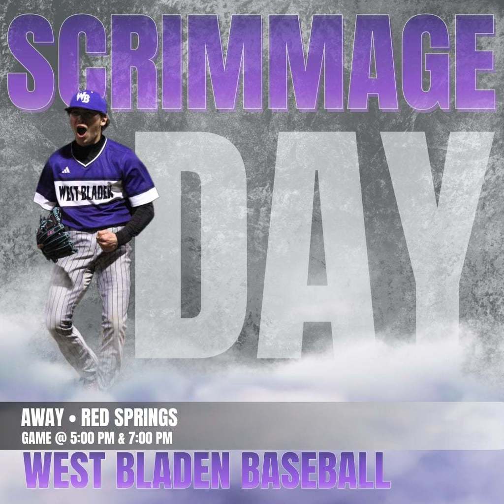 Graphic for West Bladen Baseball Scrimmage Day. It features a baseball player in a purple and white uniform pitching, with the large text "SCRIMMAGE DAY" overlaid on a smoky grey and white background. The bottom text states: "Away vs. Red Springs, Game at 5:00 PM & 7:00 PM."