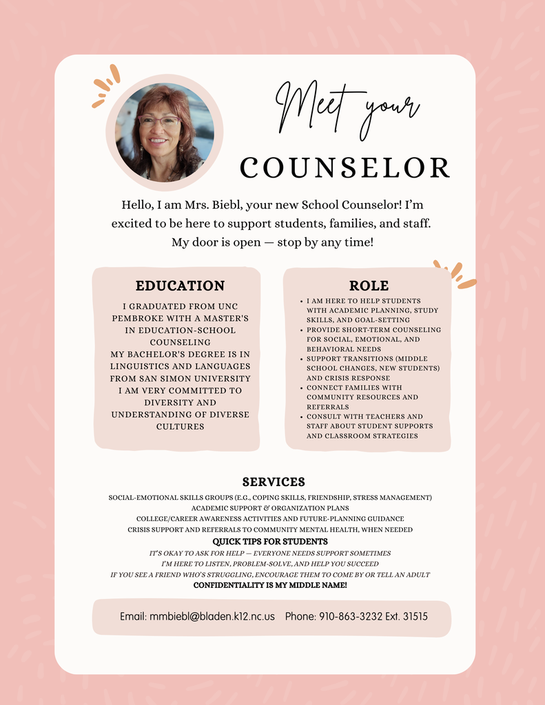 pink and white flyer introducing the new school counselor