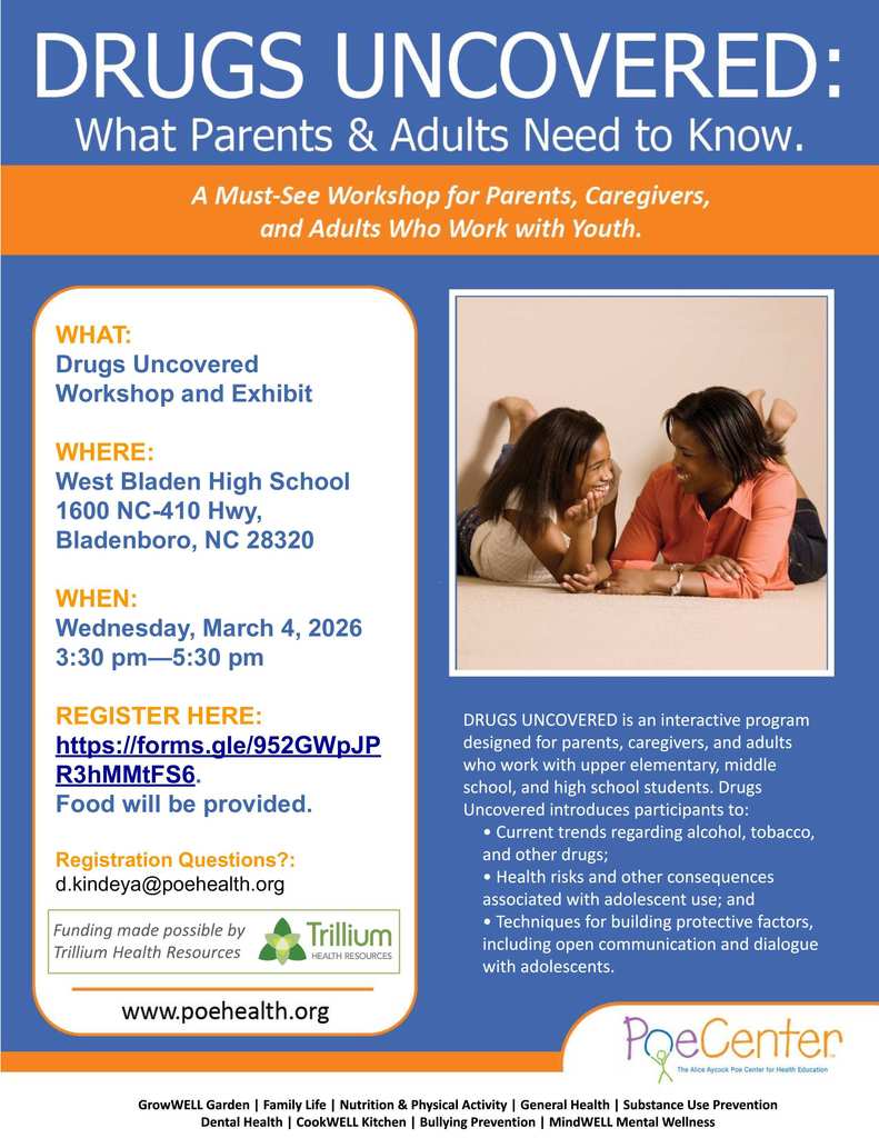 Here is a concise, ADA-compliant alt text for the flyer:  Alt Text: Flyer for "Drugs Uncovered" workshop at West Bladen High School, March 4, 2026, 3:30–5:30 PM. For parents/adults to learn about drug trends and risks.