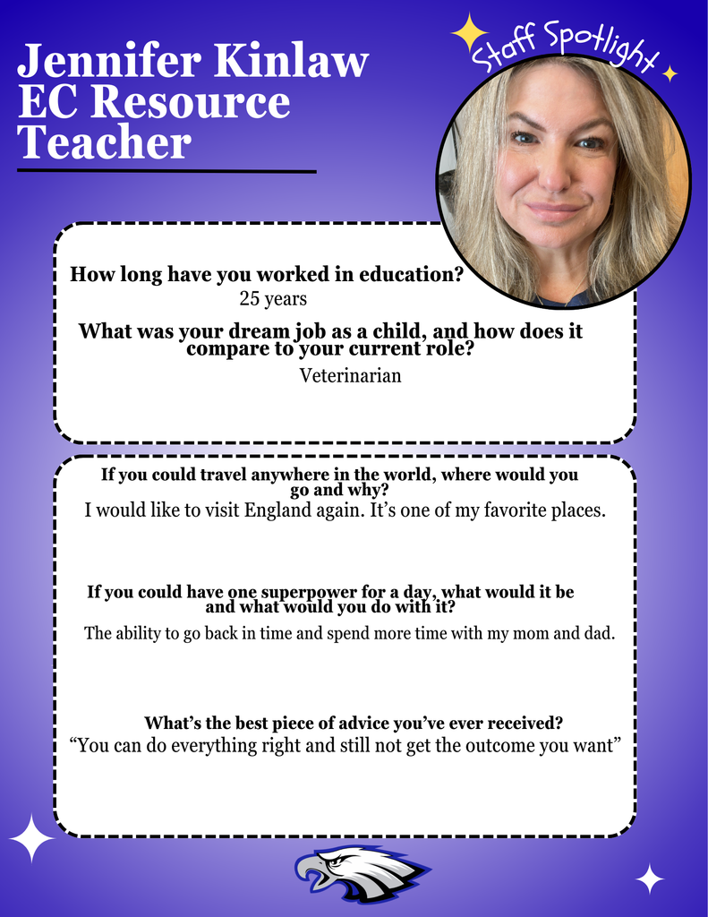Blue background flyer, with white starts, an EB Eagle at the bottom. Information describing Jennifer Kinlaw's experiences and dreanms is described.