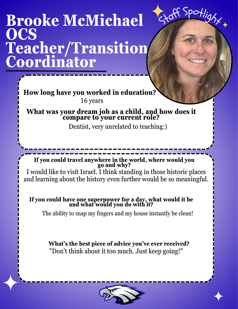 Blue background flyer, with white starts, an EB Eagle at the bottom. Information describing Brooke McMichael's experiences and dreanms is described.