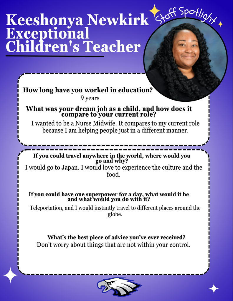Blue background flyer, with white starts, an EB Eagle at the bottom. Information describing Keeshonya Newkirk's experiences and dreanms is described.