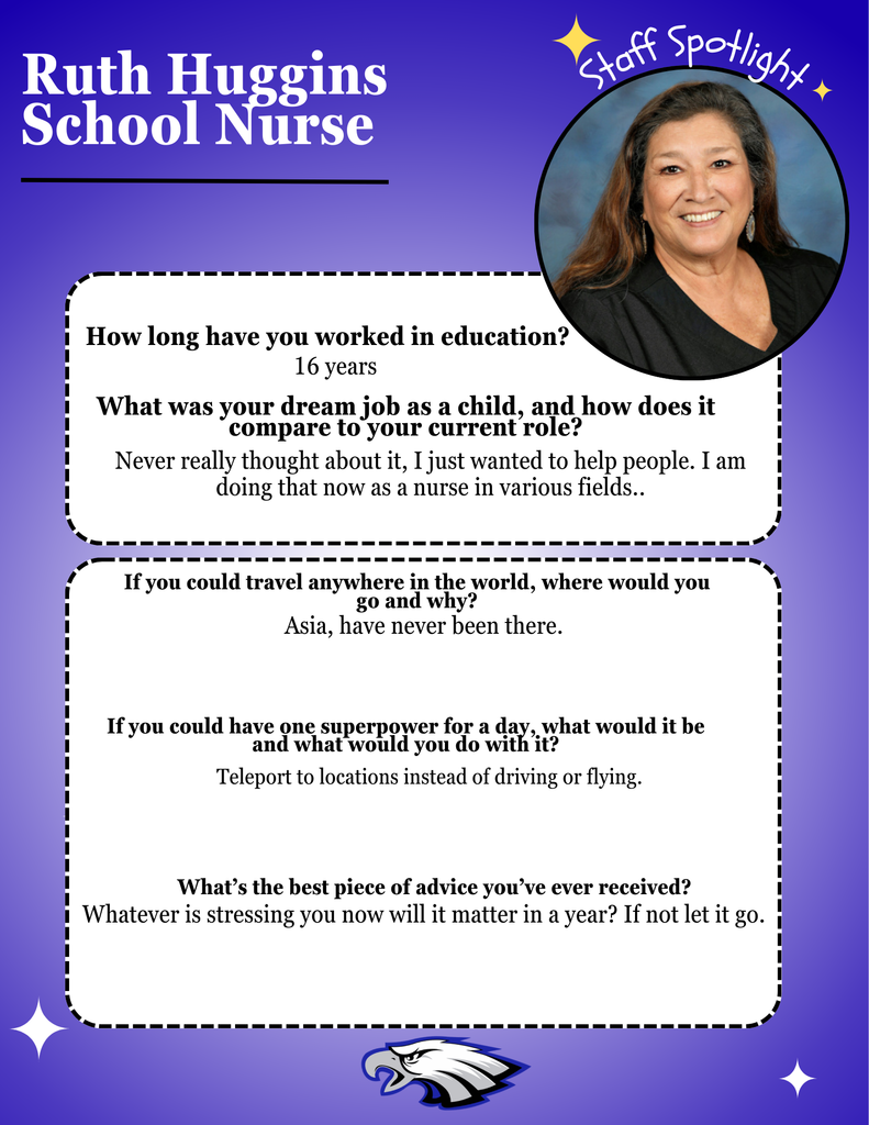 Blue background flyer, with white starts, an EB Eagle at the bottom. Information describing Ruth Huggins' experiences and dreams is described.