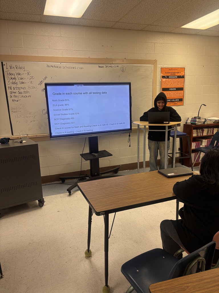 A student presents academic progress data on a screen while speaking to classmates from a standing desk.