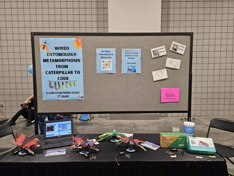 A display table and presentation board from Elizabethtown Primary School’s second grade student showcase at the NCTIES conference. The board reads “Wired Entomology: Metamorphosis from Caterpillar to Code.”