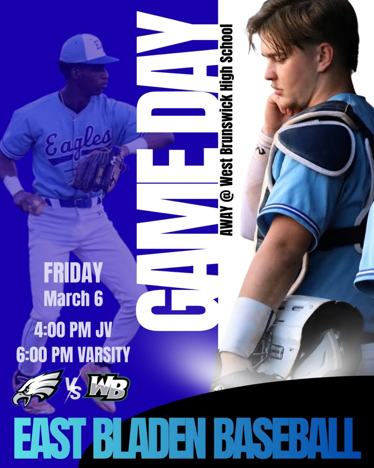 royal blue, white, and black background, two baseball players, displaying there is a game at West Brunswick today. jv starts at 4 and varsity starts at 6  