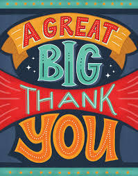 Colorful illustrated sign that reads “A Great Big Thank You” in bold decorative lettering with bright red, orange, teal, and yellow colors on a dark background.