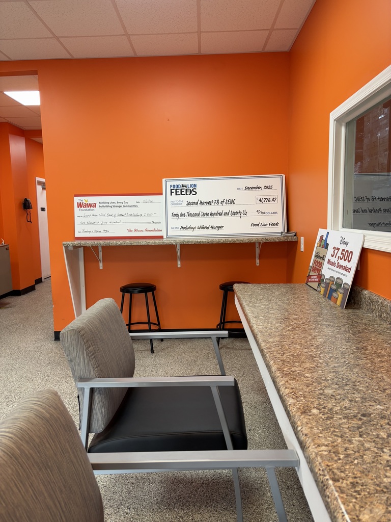 two large donation checks from Wawa and Food Lion for Second Harvest Food Bank of SENC