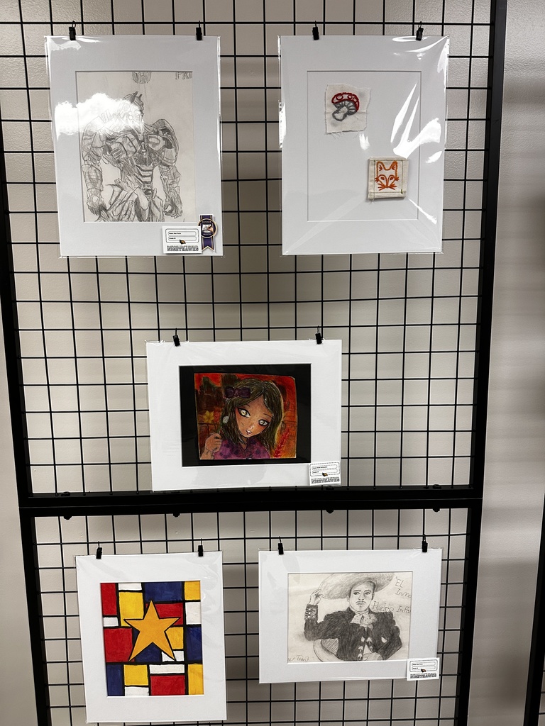 Grid panel featuring several student artworks including a detailed pencil drawing of a robot, small stitched textile designs, a colorful portrait painting of a girl, an abstract geometric painting with a star, and a pencil portrait labeled “El Zorro.”