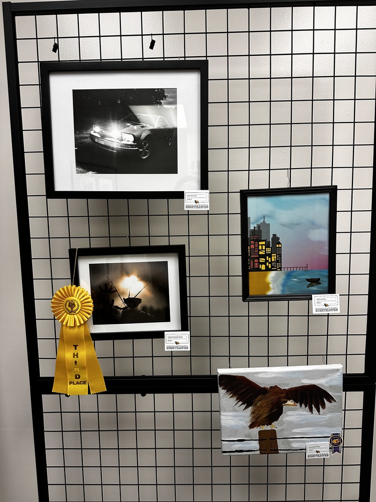 rid panel displaying student photography and painting including a black-and-white photo of a car at night, a silhouetted photograph with a third-place ribbon, a cityscape painting with water and buildings, and a painting of an eagle perched on a post.