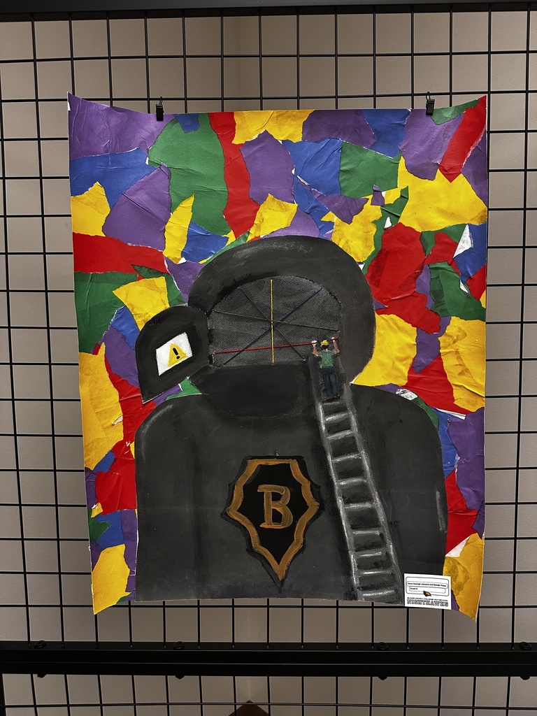 Large student painting of a firefighter helmet with a ladder and small worker figure climbing it, set against a bright collage background of torn colored paper.
