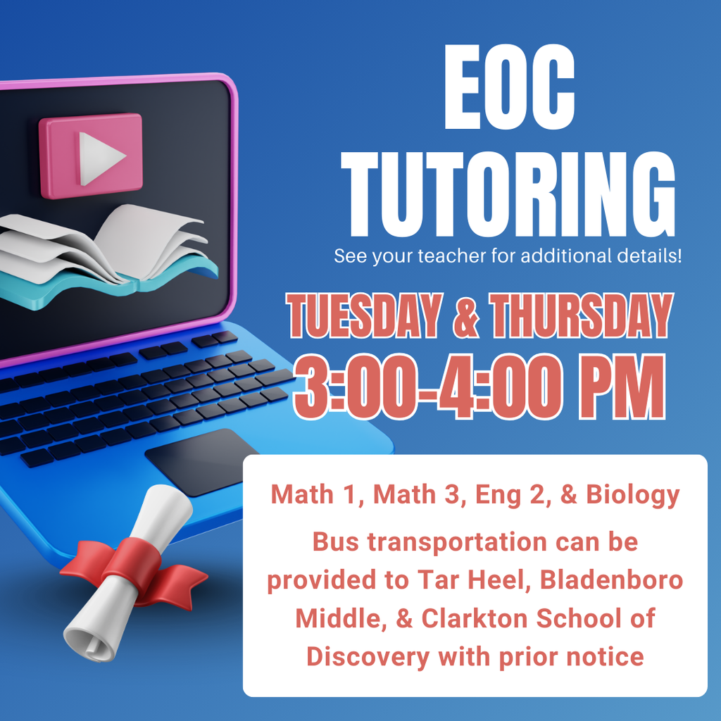 Educational flyer for EOC Tutoring. Text: "EOC Tutoring. See your teacher for additional details! Tuesday & Thursday 3:00-4:00 PM.