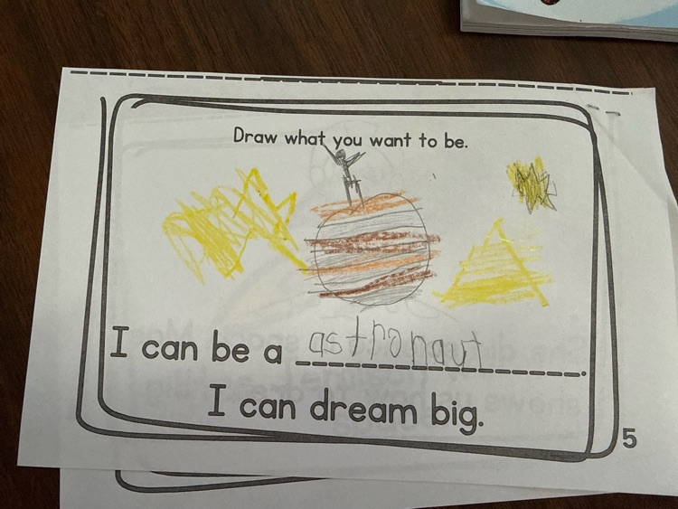 Student worksheet showing a drawing of space and the word “astronaut.”