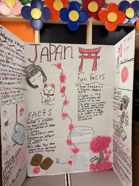 Tri-fold project board about Japan decorated with drawings of cultural symbols and facts about Japanese traditions, food, and famous landmarks.