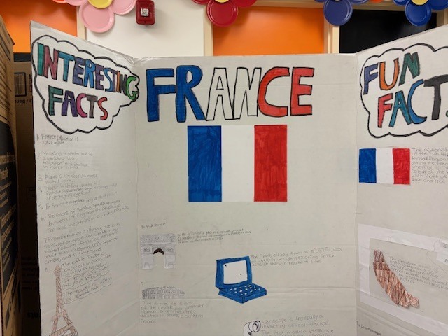 Presentation board about France showing the French flag along with interesting facts and drawings related to French culture and landmarks.