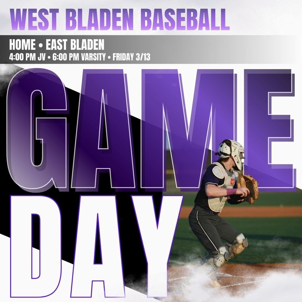 Graphic with 'GAME DAY' in large, bold purple and black 3D lettering. A baseball catcher in a dark blue and white uniform is shown in an action pose, crouching on a dirt field with a stadium background. The image has a stylized, energetic feel with white smoke or dust effects around the player.
