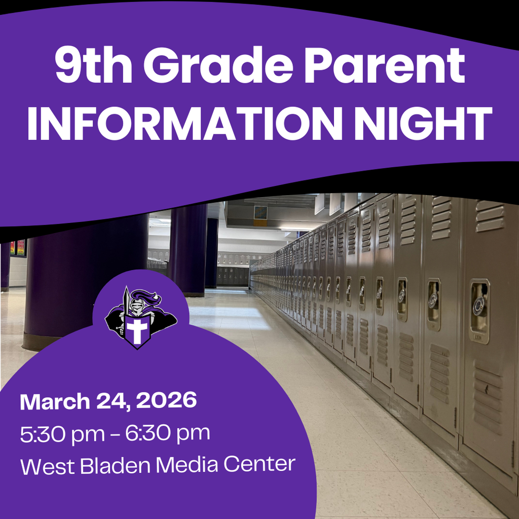 Event announcement for West Bladen High School. A graphic featuring the school's purple knight logo and a photo of a school hallway lined with lockers. Text reads: March 24, 2026, 5:30 pm to 6:30 pm, West Bladen Media Center.