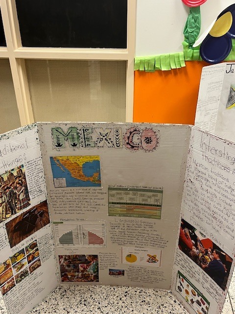 Detailed student project board about Mexico showing maps, cultural traditions, food, and historical information.