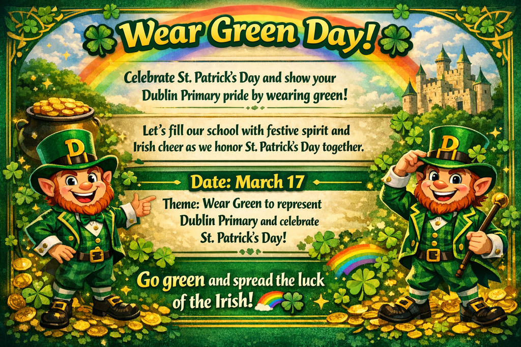 A colorful St. Patrick’s Day themed school announcement poster with the headline “Wear Green Day!” at the top surrounded by shamrocks and a rainbow. The poster invites students to celebrate St. Patrick’s Day by wearing green and showing their Dublin Primary pride on March 17. Two cheerful cartoon leprechauns wearing green outfits and hats with a gold “D” stand on each side, one pointing and the other tipping his hat. Pots of gold coins, shamrocks, rainbows, and a castle appear in the background, creating a festive Irish theme. The message encourages students to wear green and help fill the school with Irish cheer.