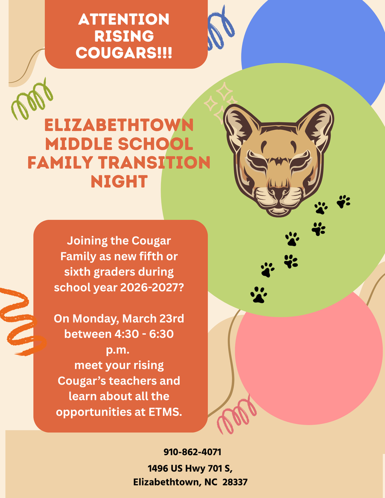 Flyer for ETMS Family Transition Night on March 23rd (4:30–6:30 p.m.) for rising 5th and 6th graders, featuring a cougar logo and colorful design.
