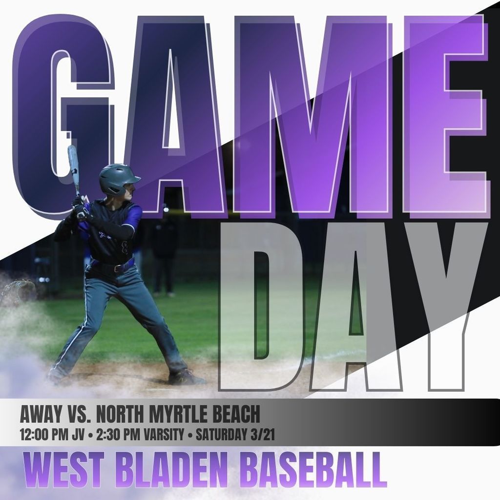 Graphic for West Bladen Baseball with the words 'GAME DAY' in large purple and white 3D block letters. A high school baseball player in a purple uniform and helmet is shown in a batting stance in the foreground against a blurred field background.