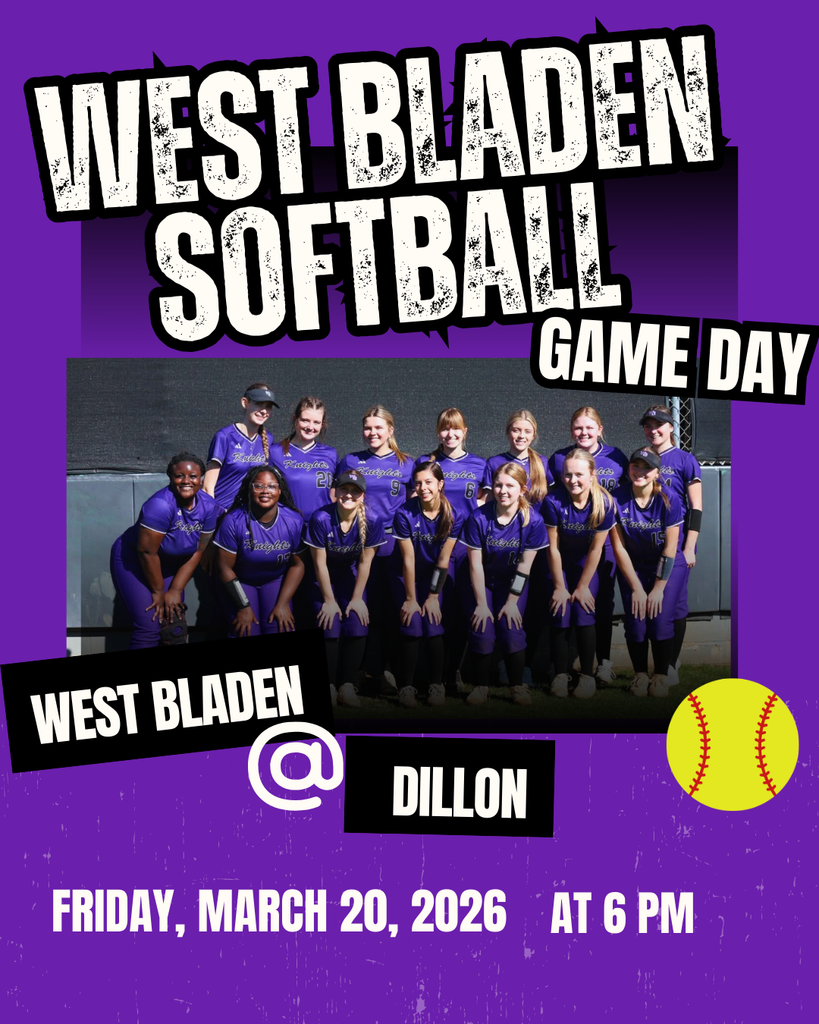 Softball Game Day graphic for West Bladen High School vs. Dillon. The image features a team photo of players in purple uniforms against a purple and black background. Text reads: "Softball Game Day, West Bladen @ Dillon, Friday, March 20, 2026, at 6 PM." A softball illustration is in the bottom right corner
