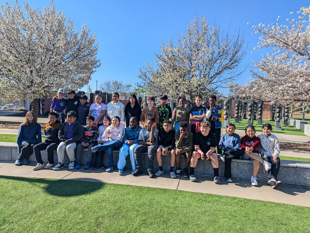 A group of elementary students sits and stands together outdoors on a sunny day, posing in front of blooming white trees. The students are gathered on a low stone wall with green grass in the foreground and a clear blue sky above.
