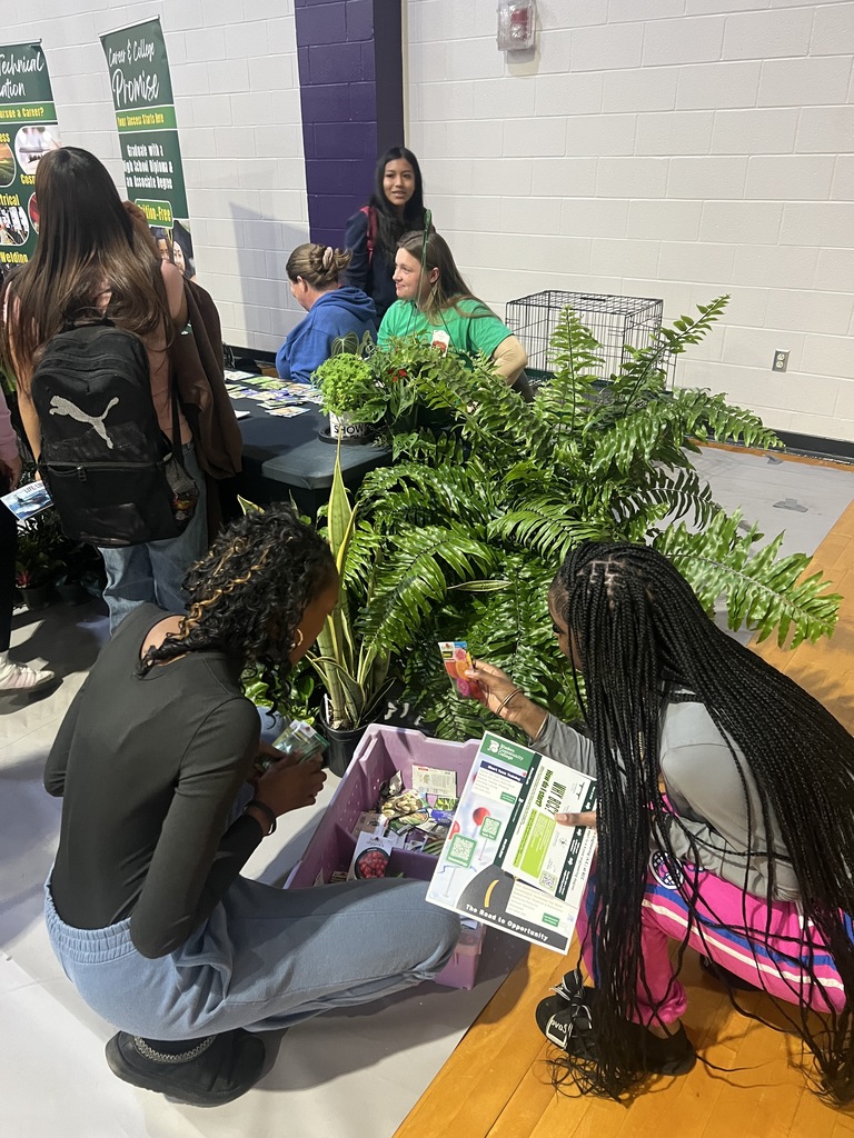 Students and community partners talk at booths during the West Bladen CTE Annual Career Fair in a school gymnasium