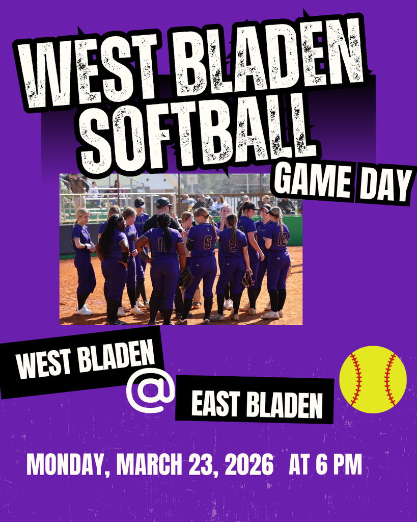 A group of West Bladen softball players huddles above text: West Bladen at East Bladen, Monday, March 23, 2026, at 6 PM