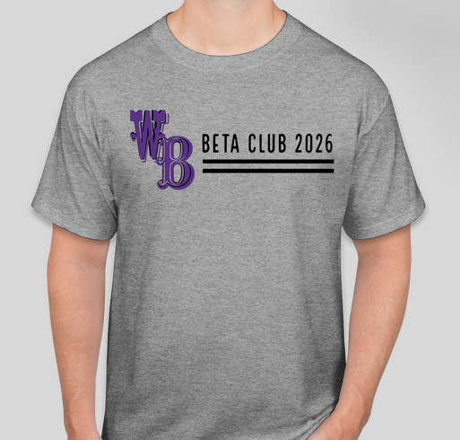 Grey t-shirt with a purple "WB" logo and the text "BETA CLUB 2026" underlined by two black bars.