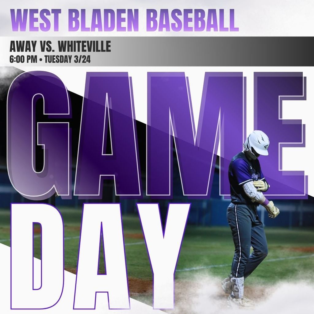 Graphic with large purple and white text reading "GAME DAY" overlaying a baseball player in a purple jersey and white helmet walking on a field. Dust or smoke is at the player's feet.