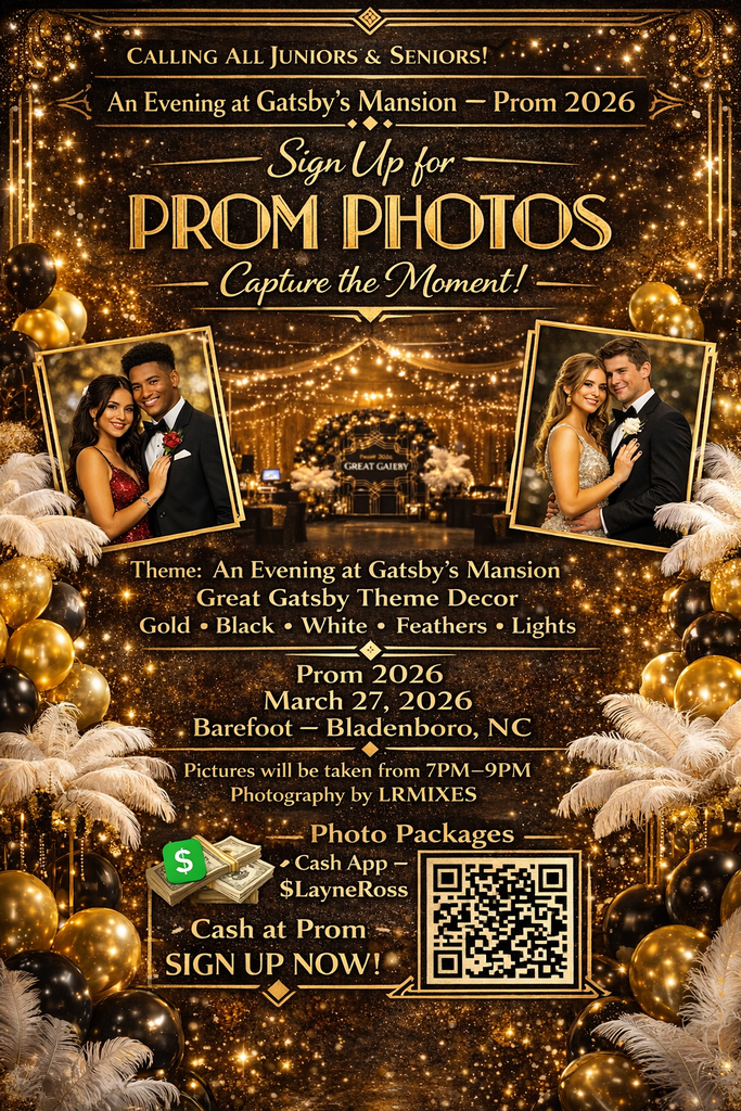A promotional graphic for "Prom 2026: An Evening at Gatsby's Mansion" featuring a black and gold art deco theme with balloons and glitter. The image includes photos of two dressed-up couples and a call to action to "Sign Up for Prom Photos: Capture the Moment!
