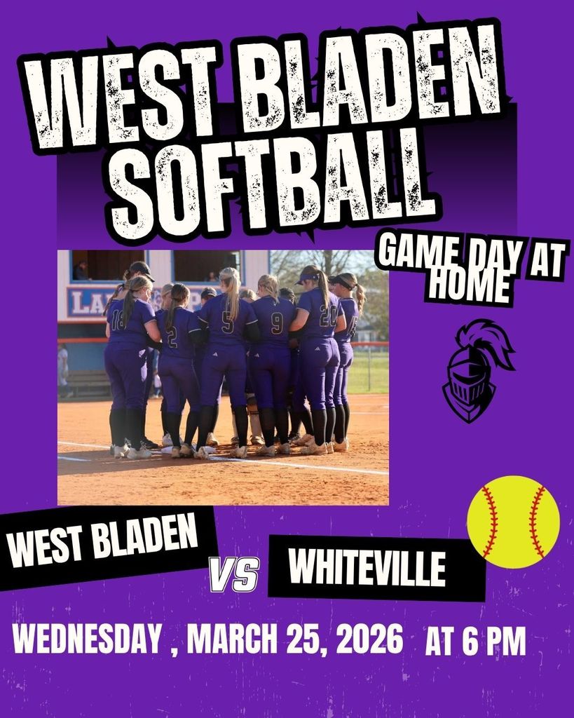 Graphic for a West Bladen vs. Whiteville softball game on Wednesday, March 25, 2026, at 6 PM. The image features a purple background with a photo of the West Bladen team in a huddle, the school's knight mascot, and a yellow softball