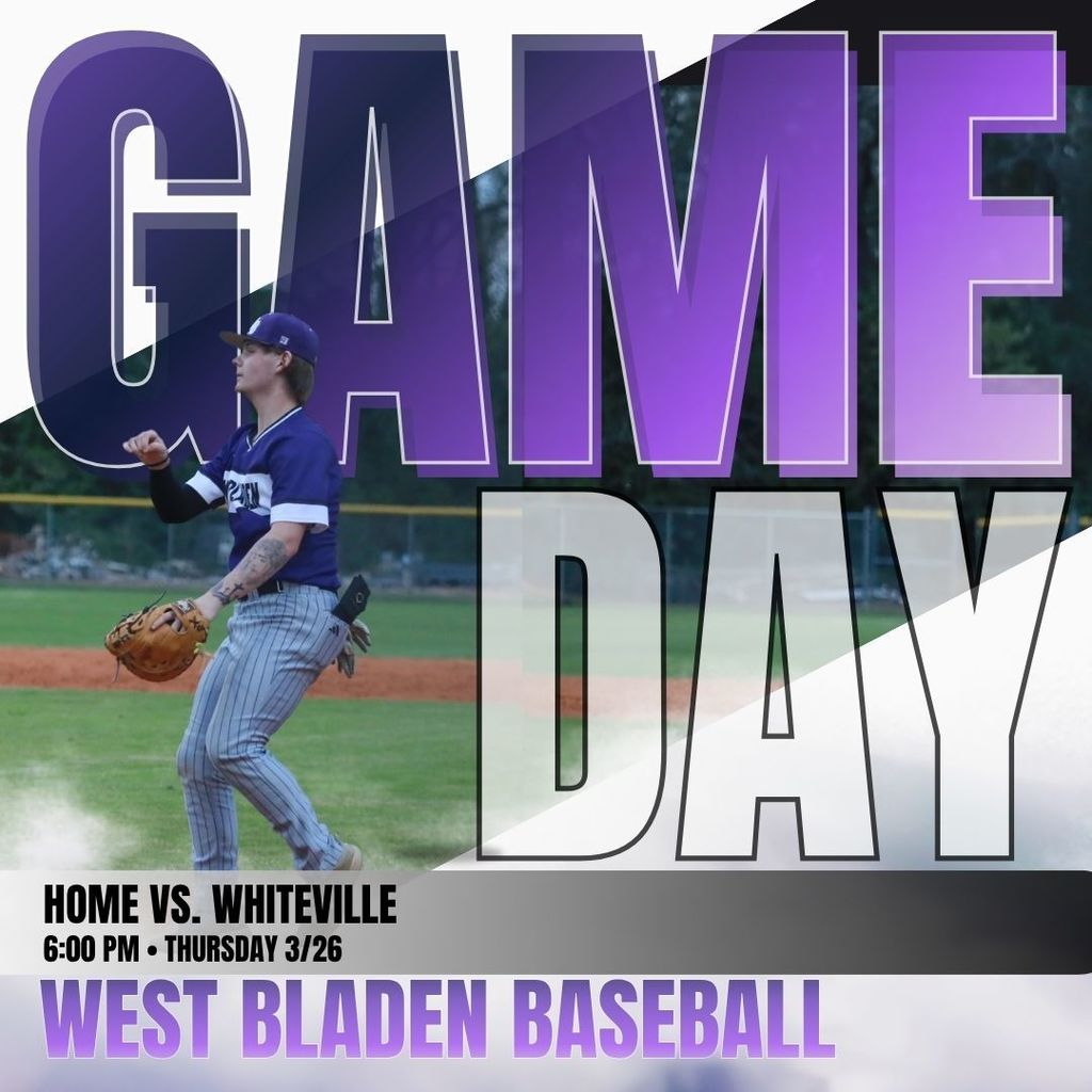Graphic featuring a West Bladen High School baseball player in a blue and white uniform pitching on a field. Large, stylized text reads "GAME DAY" in purple and white. Small text at the bottom says "HOME VS. WHITEVILLE" and "WEST BLADEN BASEBALL."