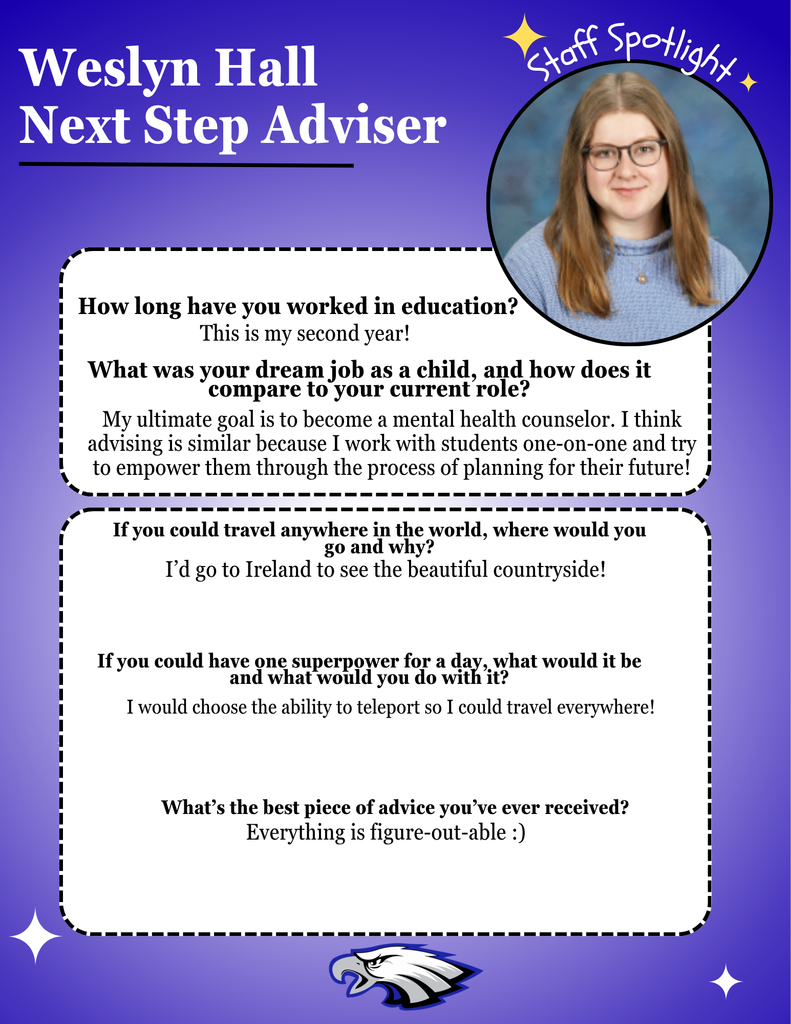 Blue background flyer, with white starts, an EB Eagle at the bottom. Information describing Weslyn Hall's experiences and dreanms is described.