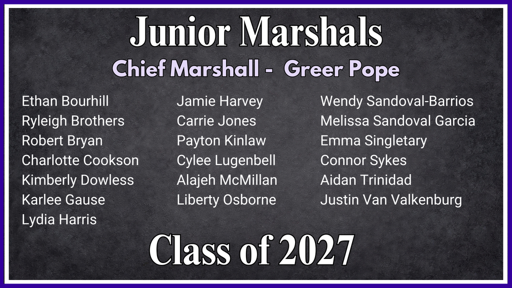 Graphic titled 'Junior Marshals, Class of 2027' for West Bladen High School, featuring Chief Marshal Greer Pope and a list of 24 inducted students against a dark chalkboard-style background
