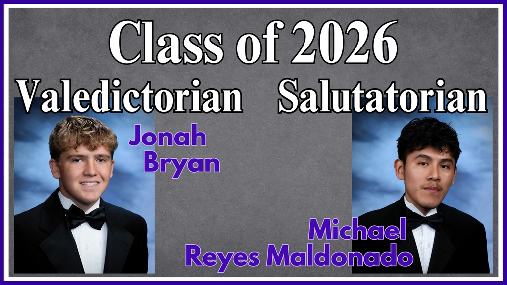 Graphic for West Bladen High School featuring the Class of 2026 top honors. On the left is a portrait of Jonah Bryan, Valedictorian, and on the right is a portrait of Michael Reyes Maldonado, Salutatorian. The background is a blue and white gradient with bold white and purple text.
