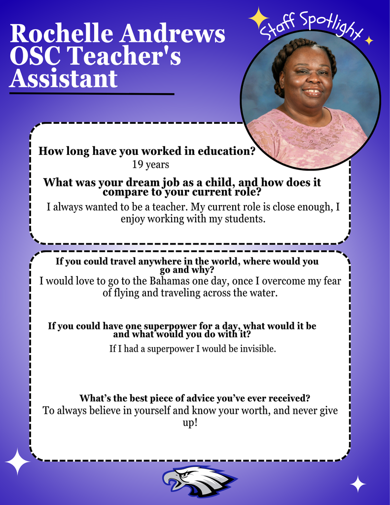Blue background flyer, with white starts, an EB Eagle at the bottom. Information describing Rochelle Andrews' experiences and dreanms is described.