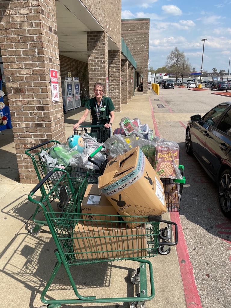 One female adult standing in front of the grocery store, 4 grocery carts full of boxes and bags are in front f her