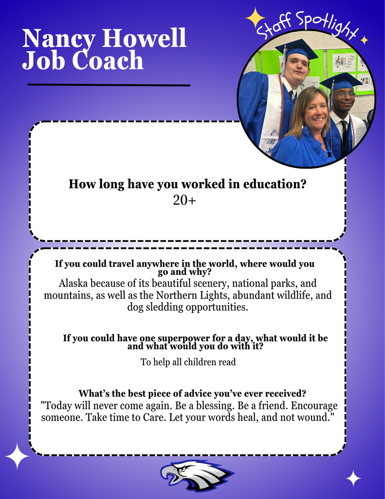 Blue background flyer, with white starts, an EB Eagle at the bottom. Information describing Nancy Howell's experiences and dreanms is described.