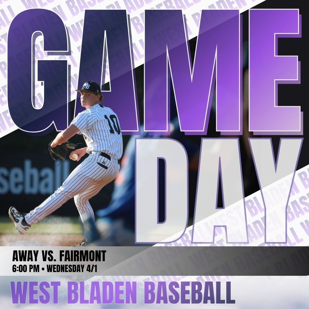 Graphic for West Bladen Baseball featuring a 'GAME DAY' headline in large purple and white block letters. The background includes a repeating 'WEST BLADEN BASEBALL' watermark, and the foreground shows a baseball player in a pinstripe uniform and cap winding up to pitch.
