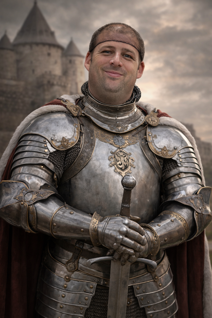 AI Image - A smiling man with short hair dressed in historical silver and bronze plate armor, including a breastplate and pauldrons. He is positioned in front of a blurred background featuring a stone castle with pointed towers under a cloudy sky.