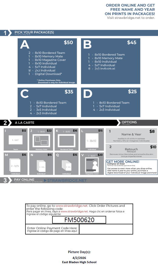 Package options for Pictures. There are 4 package options, option A $50, Option B $45, Option C $35, and Option D $25.