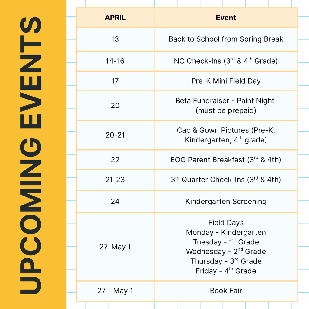 Poster highlighting upcoming April events with details for participation and registration.