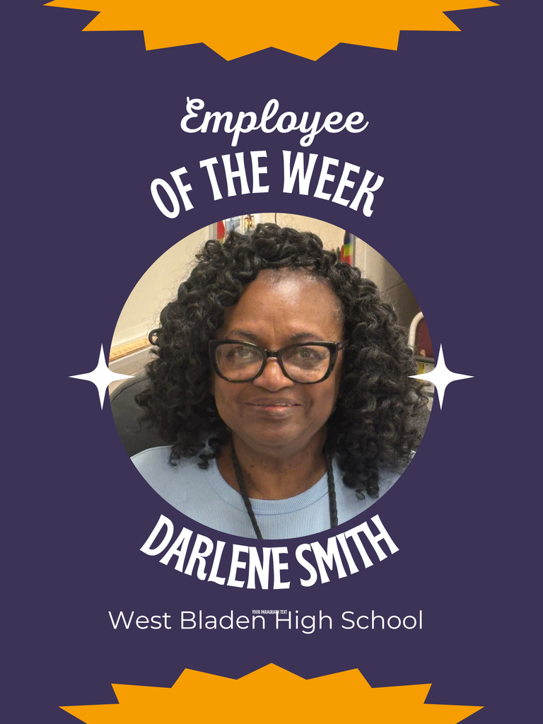 A staff recognition graphic with a purple background and gold accents reads “Employee of the Week.” In the center is a circular portrait of Darlene Smith, a woman with curly hair and glasses, wearing a light-colored top and smiling gently. Text below reads “Darlene Smith” and “West Bladen High School.”